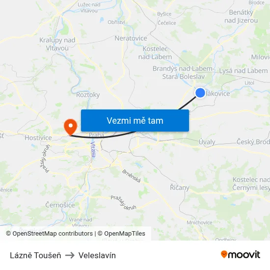 Lázně Toušeň to Veleslavín map