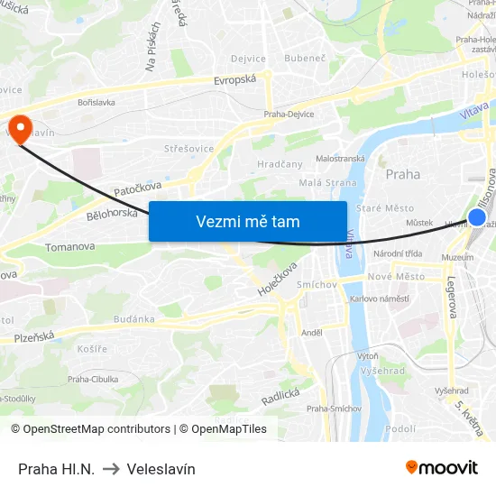 Praha Hl.N. to Veleslavín map