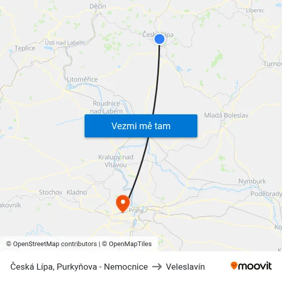 Česká Lípa, Purkyňova - Nemocnice to Veleslavín map