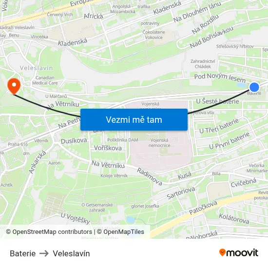 Baterie to Veleslavín map