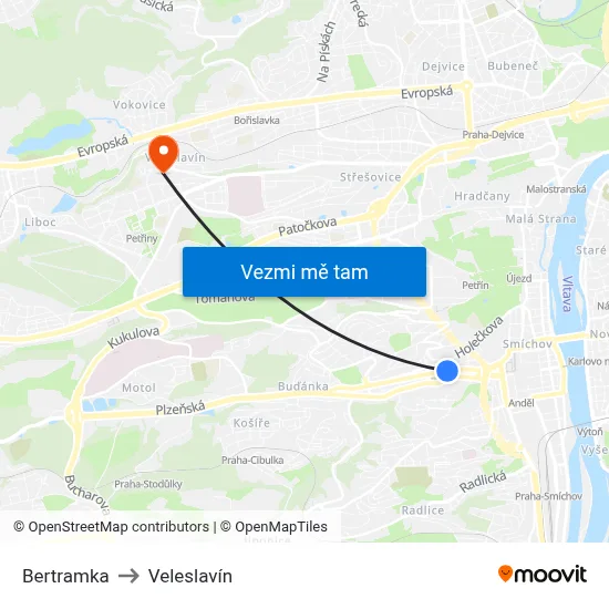Bertramka to Veleslavín map