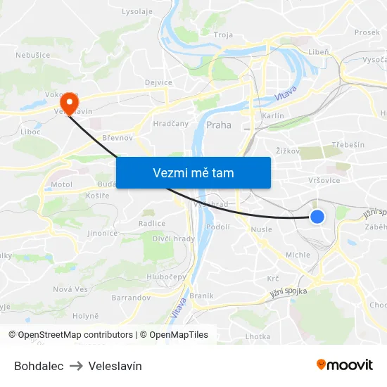 Bohdalec to Veleslavín map