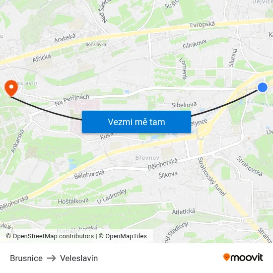 Brusnice to Veleslavín map