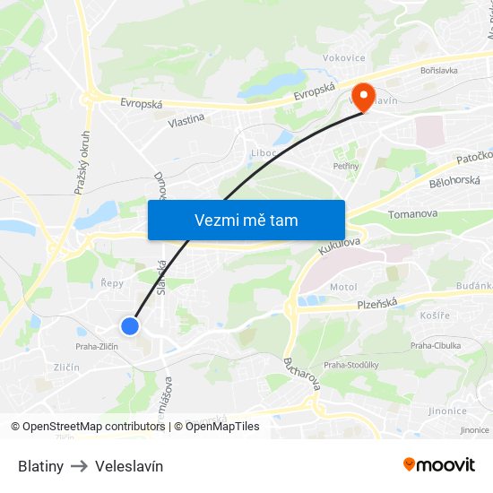 Blatiny to Veleslavín map