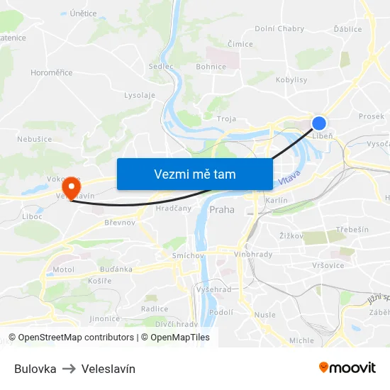 Bulovka to Veleslavín map