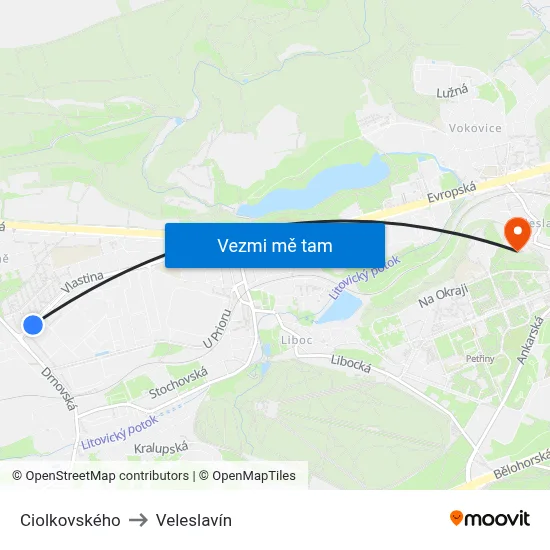 Ciolkovského to Veleslavín map