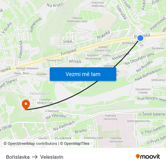 Bořislavka to Veleslavín map