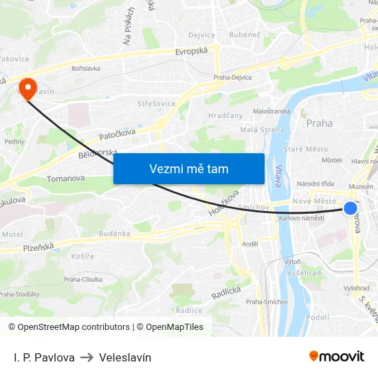 I. P. Pavlova to Veleslavín map