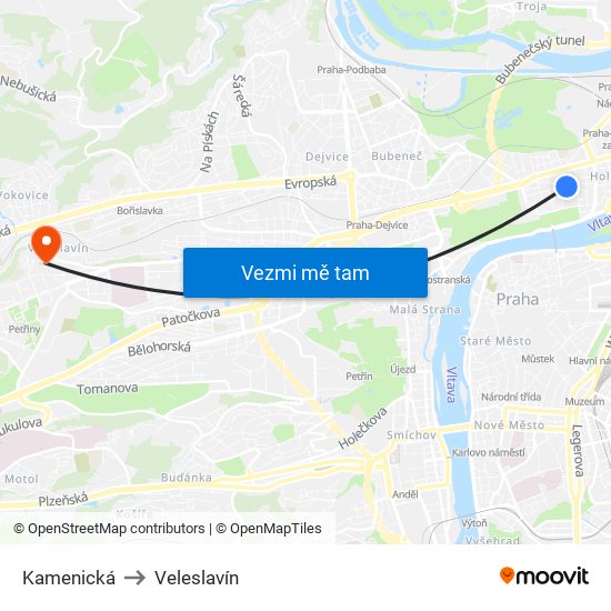 Kamenická to Veleslavín map