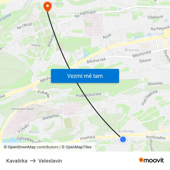 Kavalírka to Veleslavín map