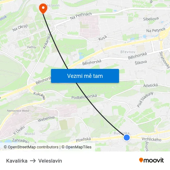 Kavalírka to Veleslavín map