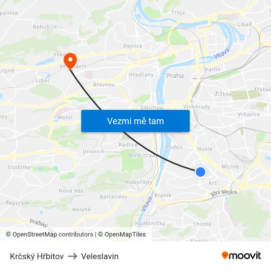 Krčský Hřbitov to Veleslavín map