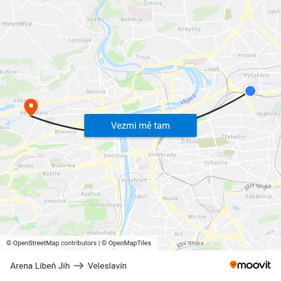 Arena Libeň Jih to Veleslavín map