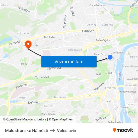 Malostranské Náměstí to Veleslavín map