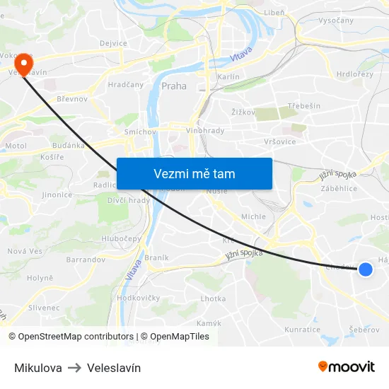 Mikulova to Veleslavín map