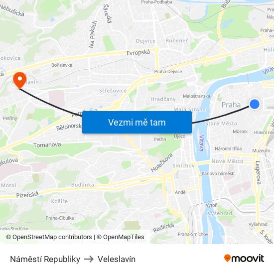 Náměstí Republiky to Veleslavín map