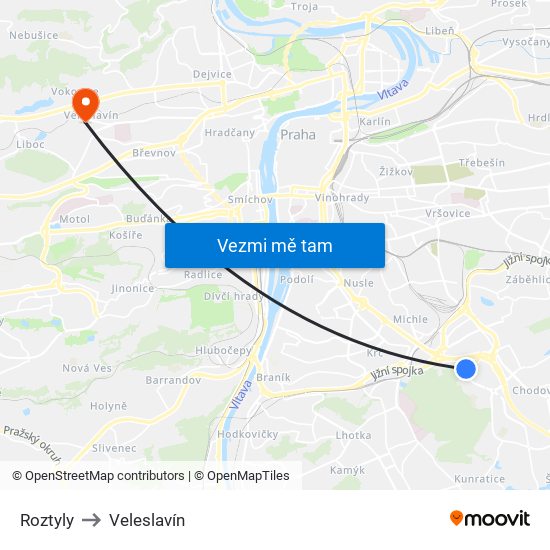 Roztyly to Veleslavín map