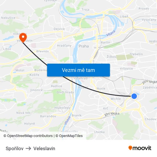 Spořilov to Veleslavín map