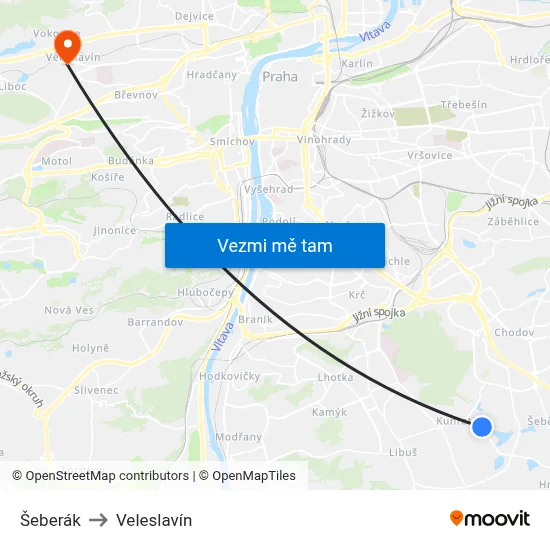 Šeberák to Veleslavín map