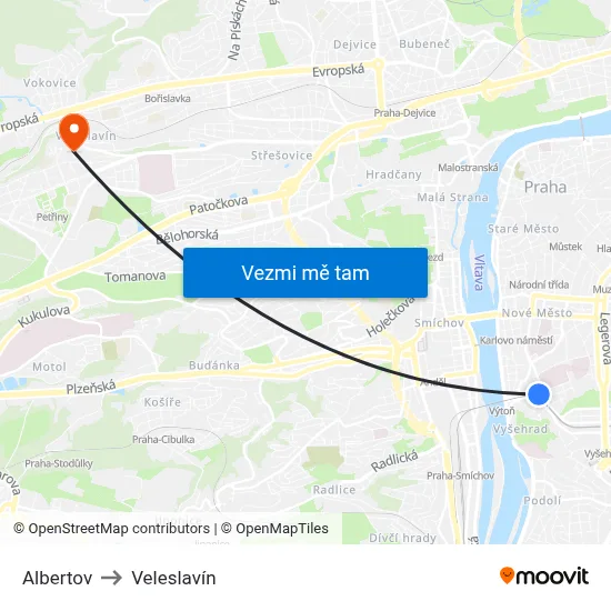 Albertov to Veleslavín map