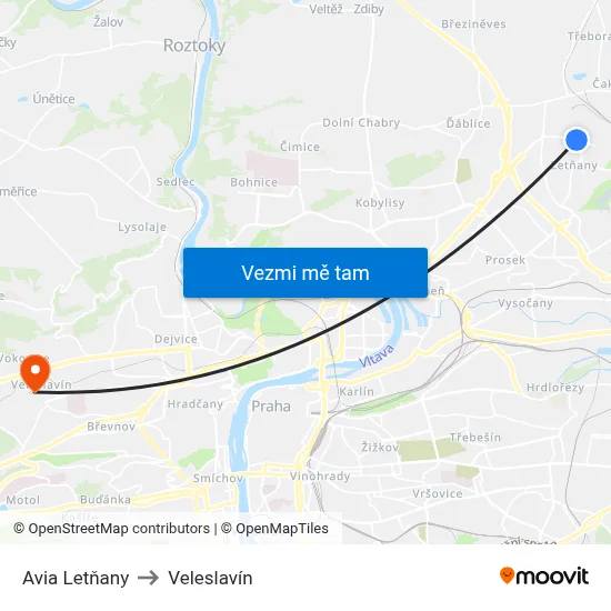 Avia Letňany to Veleslavín map