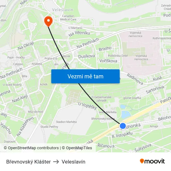 Břevnovský Klášter to Veleslavín map