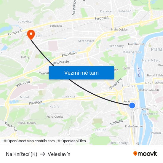 Na Knížecí (K) to Veleslavín map