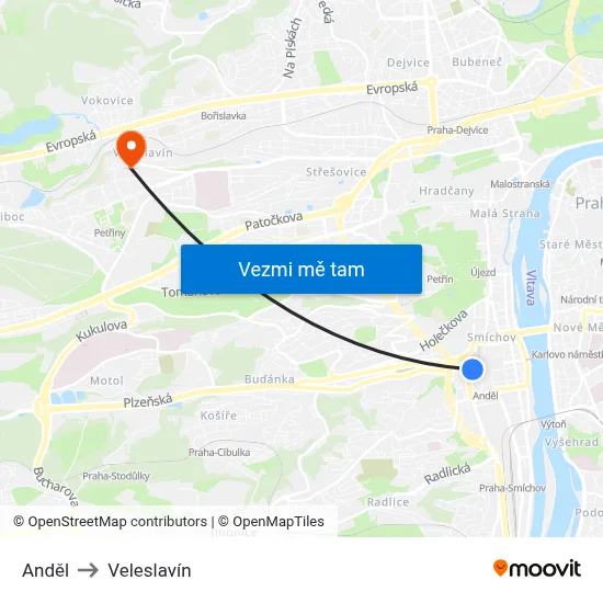 Anděl to Veleslavín map
