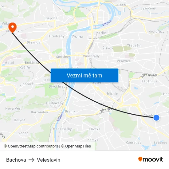 Bachova to Veleslavín map