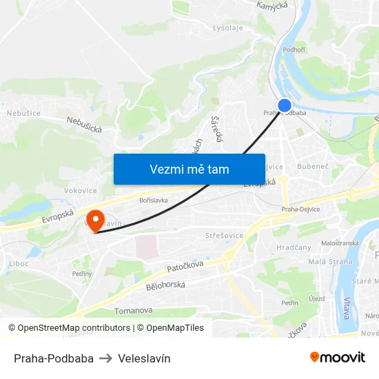 Praha-Podbaba to Veleslavín map