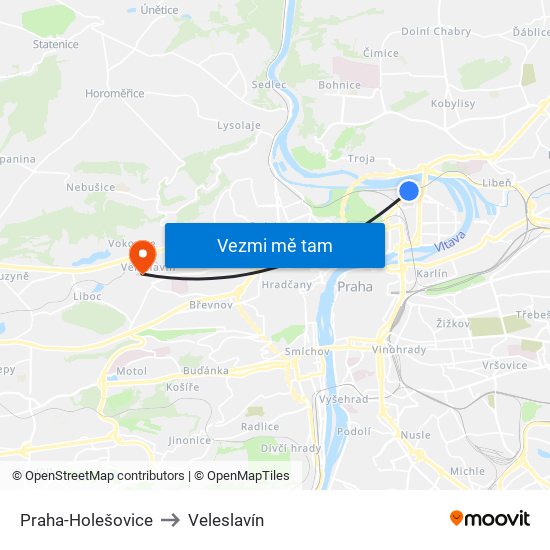 Praha-Holešovice to Veleslavín map