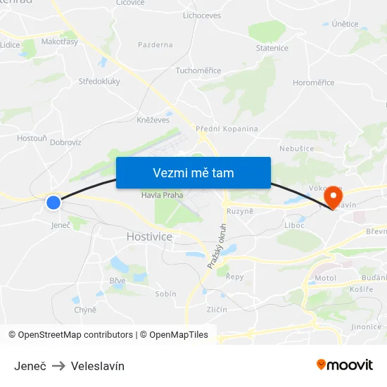 Jeneč to Veleslavín map