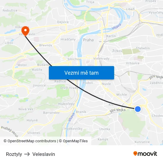 Roztyly to Veleslavín map