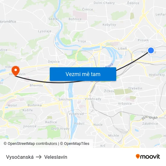 Vysočanská to Veleslavín map