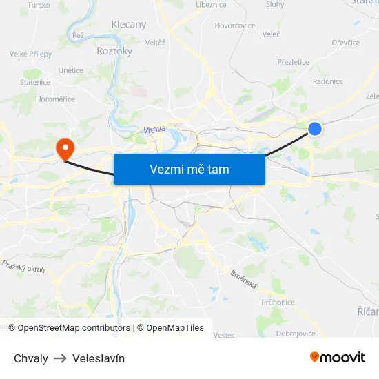 Chvaly to Veleslavín map