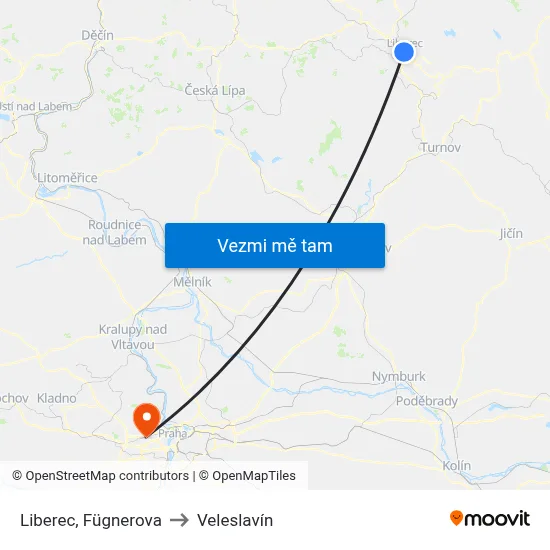 Liberec, Fügnerova to Veleslavín map