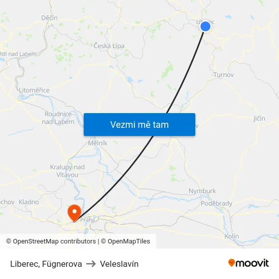 Liberec, Fügnerova to Veleslavín map