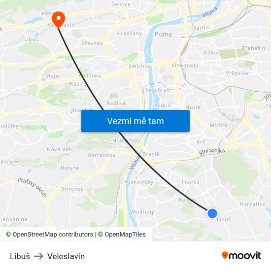 Libuš to Veleslavín map