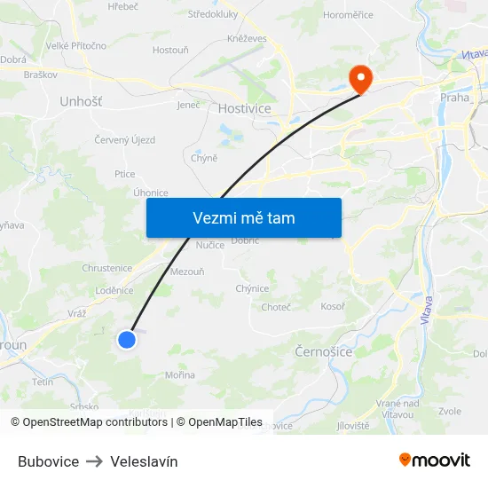 Bubovice to Veleslavín map