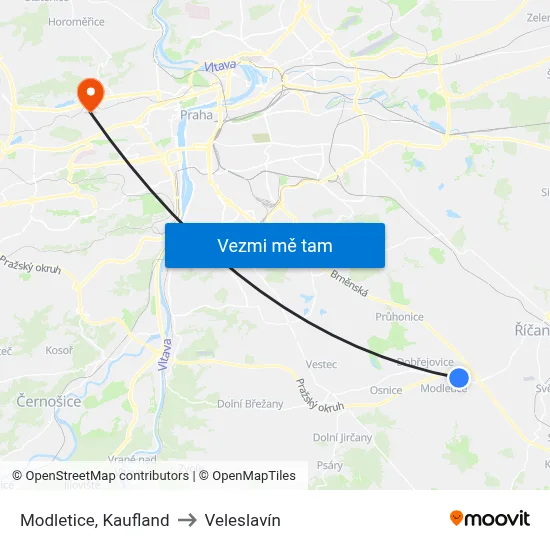Modletice, Kaufland to Veleslavín map