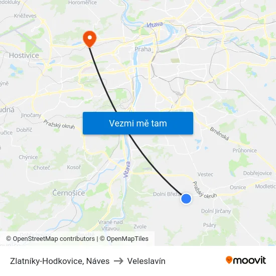 Zlatníky-Hodkovice, Náves to Veleslavín map