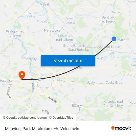 Milovice, Park Mirakulum to Veleslavín map