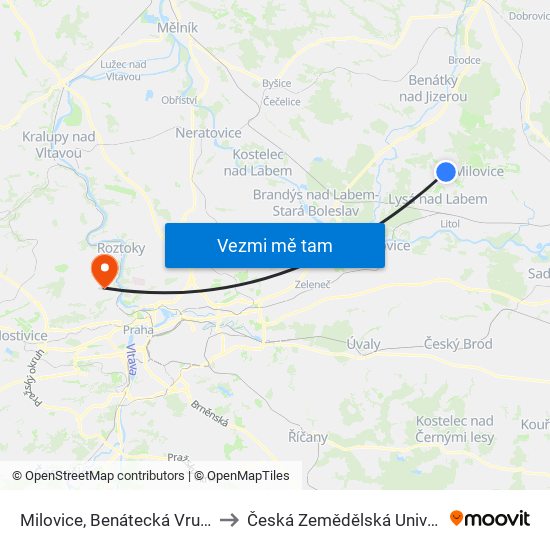 Milovice, Benátecká Vrutice, Armádní to Česká Zemědělská Univerzita V Praze map