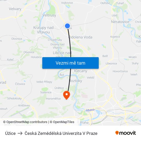 Úžice to Česká Zemědělská Univerzita V Praze map