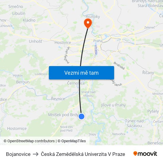 Bojanovice to Česká Zemědělská Univerzita V Praze map