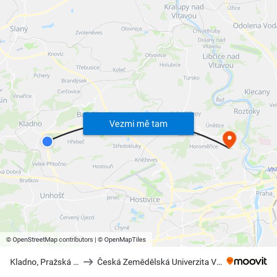 Kladno, Pražská Křiž. to Česká Zemědělská Univerzita V Praze map