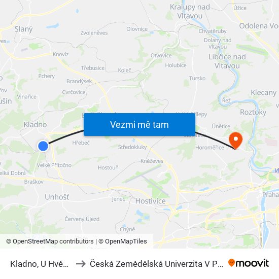 Kladno, U Hvězdy to Česká Zemědělská Univerzita V Praze map