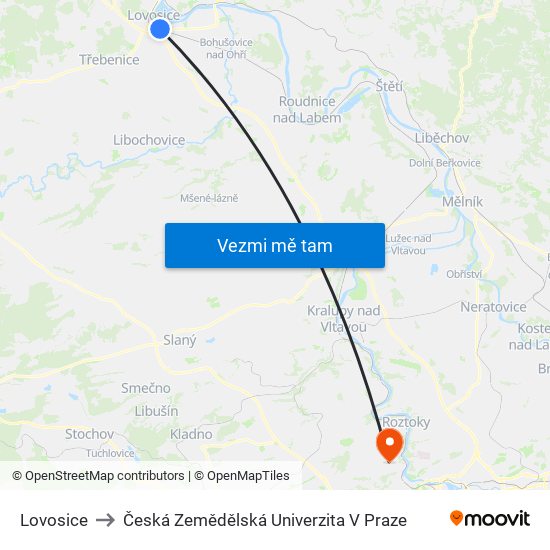 Lovosice to Česká Zemědělská Univerzita V Praze map