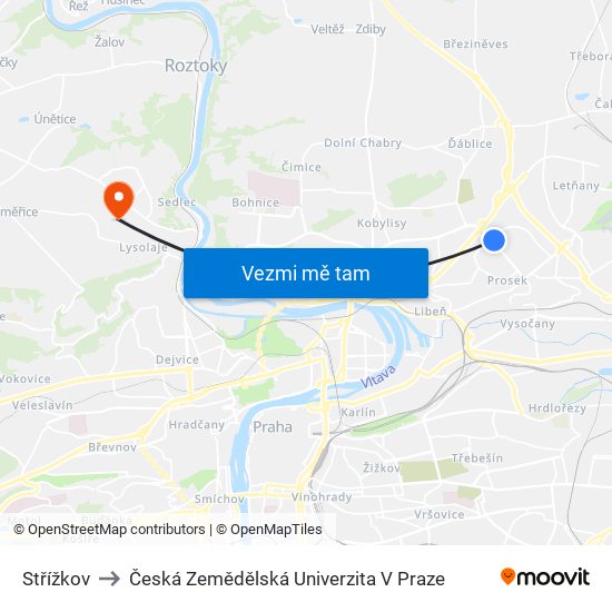 Střížkov to Česká Zemědělská Univerzita V Praze map