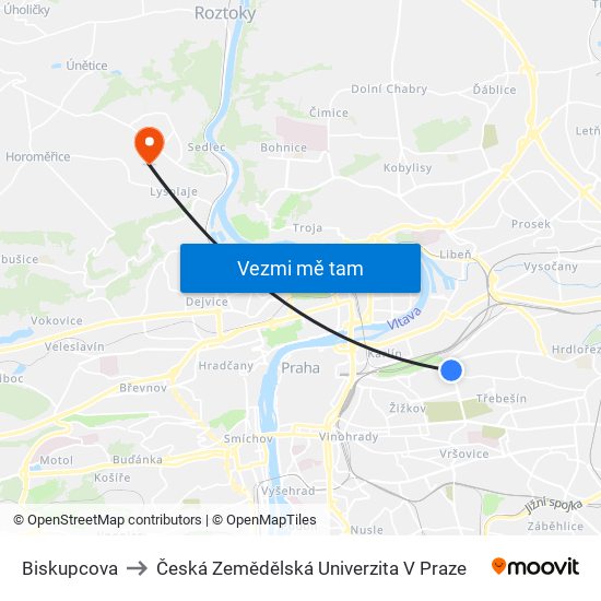 Biskupcova (A) to Česká Zemědělská Univerzita V Praze map